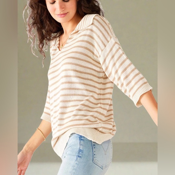 voyager Tops - Breton camel Polo Sweater Striped V-Neck Sweater